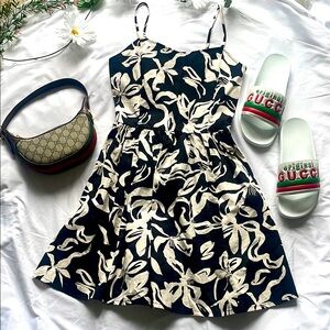 H&M Black White Floral Cotton Skater Mini Dress Spaghetti Strap Elastic XS